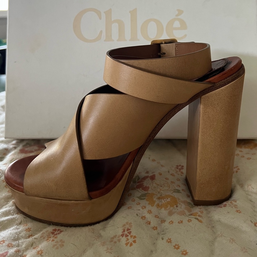 Chloe Strappy Leather Platform Sandals - Tan Size 38.5 - Picture 11 of 15